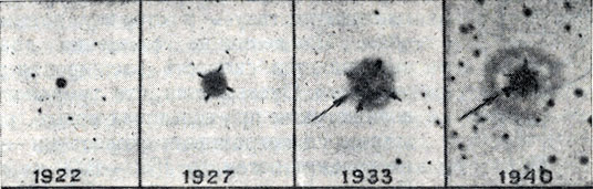 Рис. 32. Снимки Новой Орла 1918 г. в разные годы, по которым видно увеличение размеров оболочки. На снимках 1933 и 1940 гг. заметно образование, являющееся сгустком газа на конце оси оболочки (указано стрелкой).